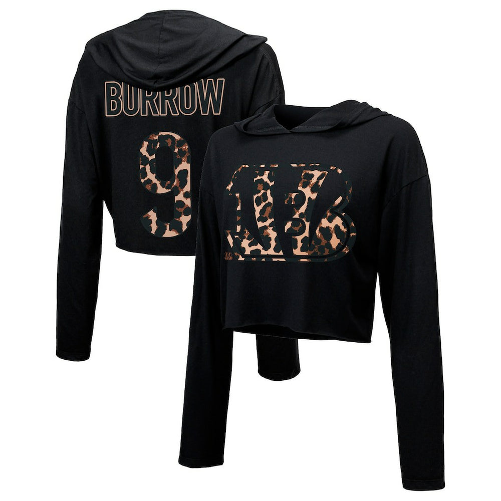 Joe Burrow Cincinnati Bengals Majestic Threads Women's Leopard Player Name & Number Long Sleeve Cropped Hoodie Black