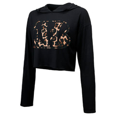 Joe Burrow Cincinnati Bengals Majestic Threads Women's Leopard Player Name & Number Long Sleeve Cropped Hoodie Black