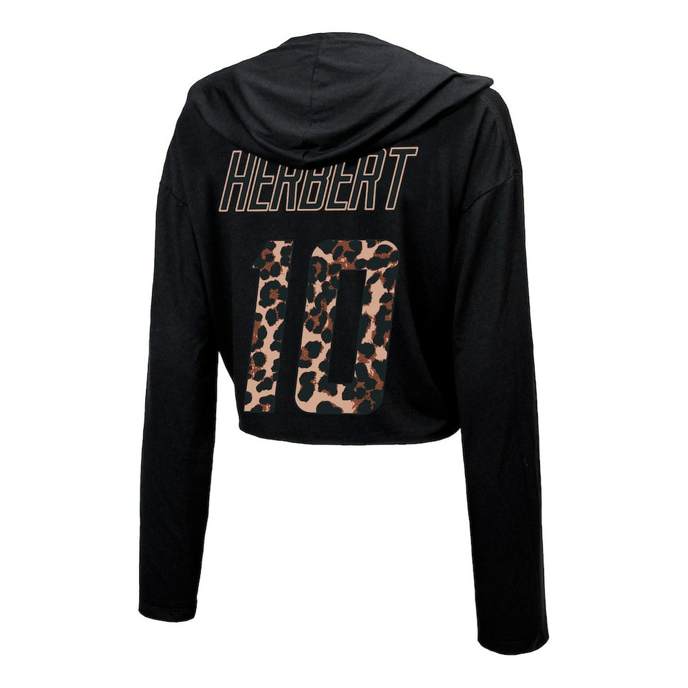 Justin Herbert Los Angeles Chargers Majestic Threads Women's Leopard Player Name & Number Long Sleeve Cropped Hoodie Black