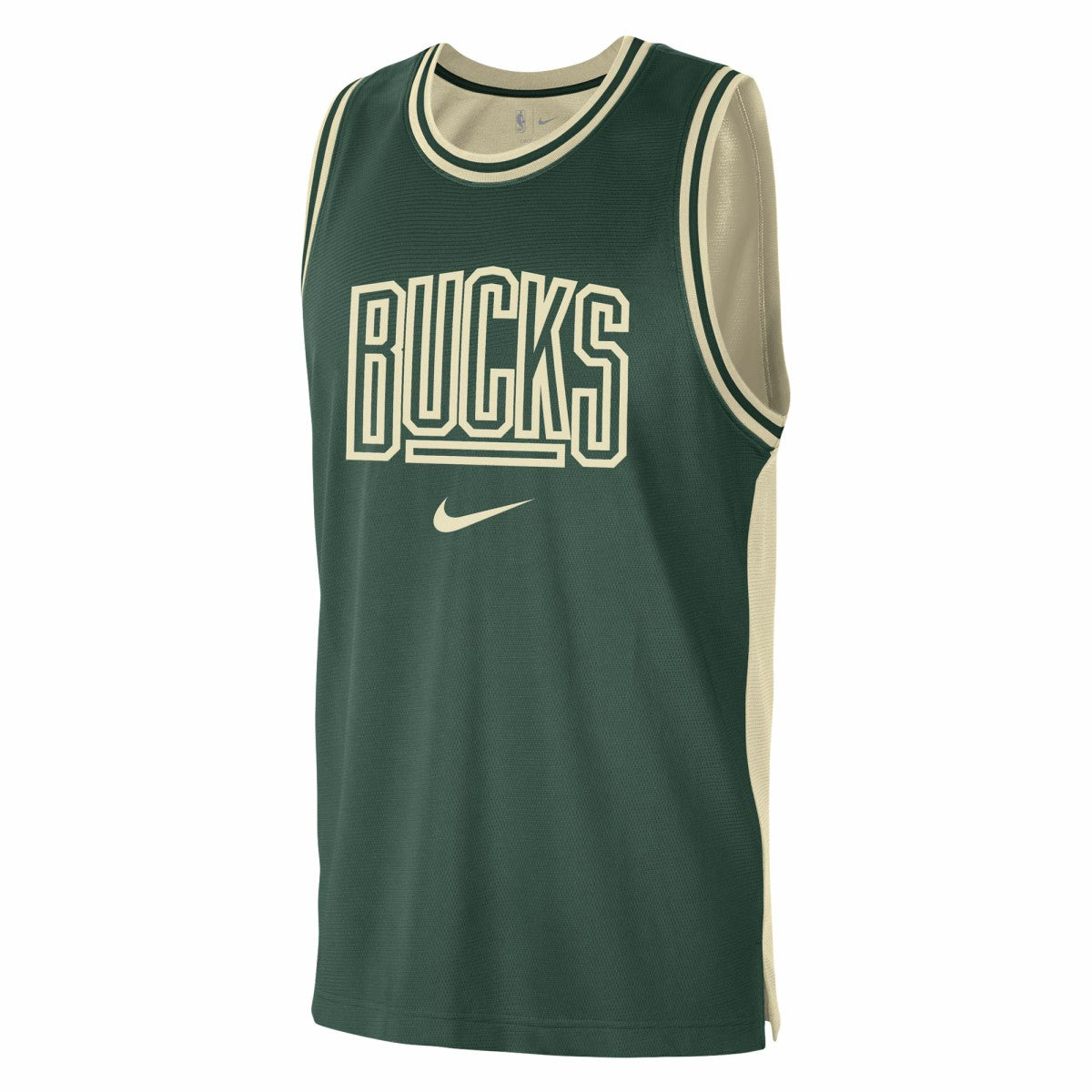 Milwaukee Bucks Courtside Versus Force Split DNA Performance Mesh Tank Top Hunter Green/Cream | Nike