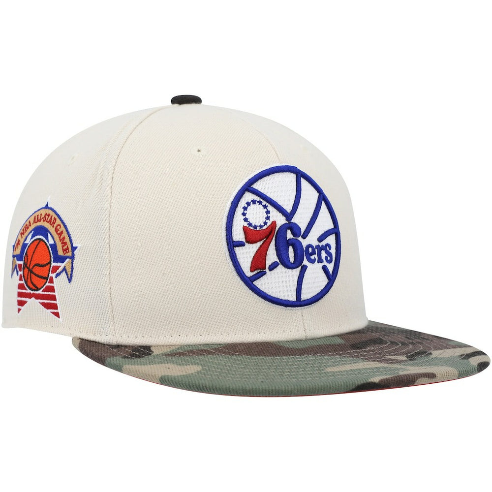 Philadelphia 76ers Hardwood Classics 1976 NBA All-Star Game Off White Camo Fitted Hat Cream/Camo | Mitchell & Ness Near Me