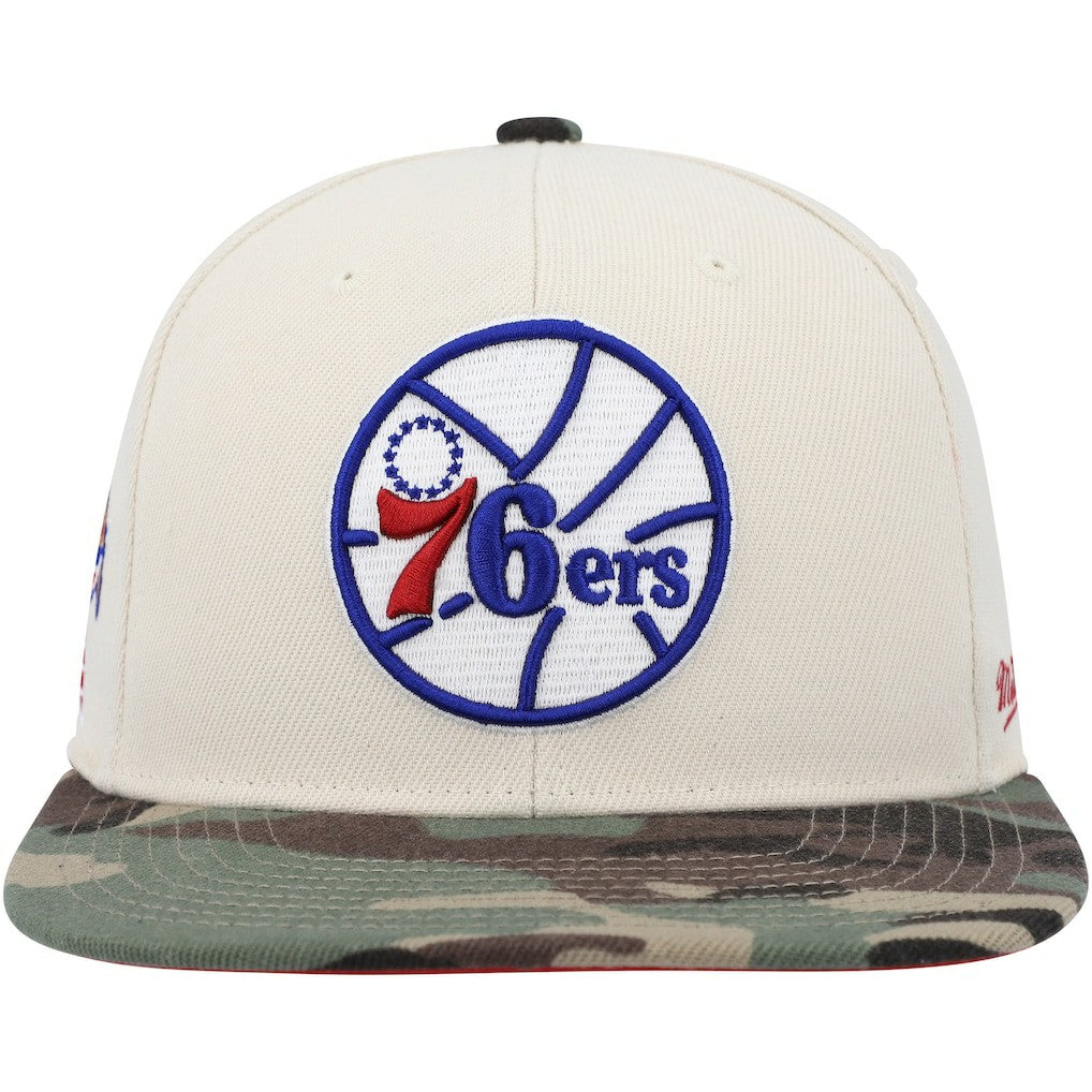 Philadelphia 76ers Hardwood Classics 1976 NBA All-Star Game Off White Camo Fitted Hat Cream/Camo | Mitchell & Ness Near Me