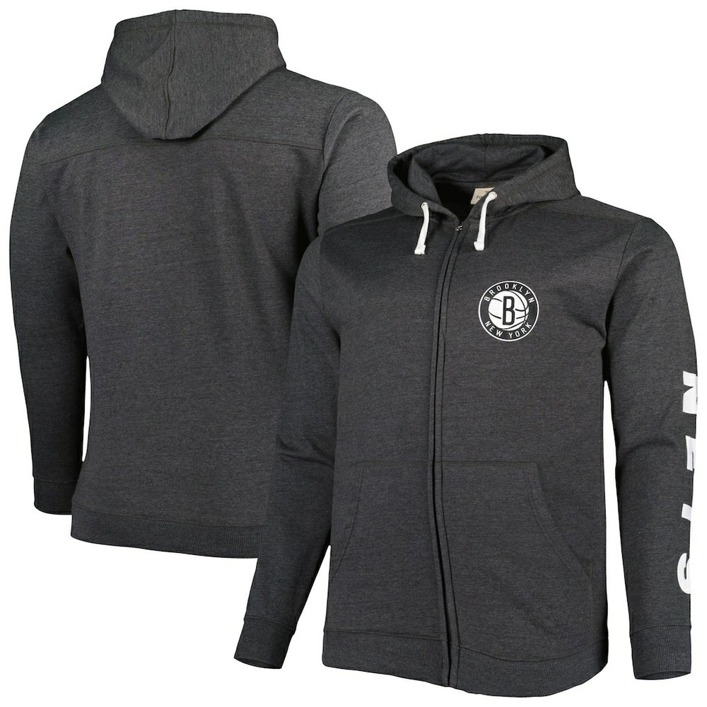 Brooklyn Nets Big & Tall Down and Distance Full-Zip Hoodie Heathered Black | Fanatics US