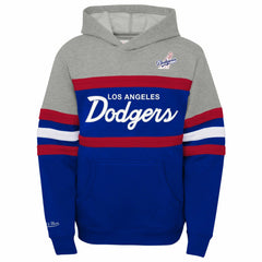 Los Angeles Dodgers Mitchell & Ness Youth Cooperstown Collection Head Coach Pullover Hoodie - Heather Gray/Royal - Mitchell & Ness on Sale