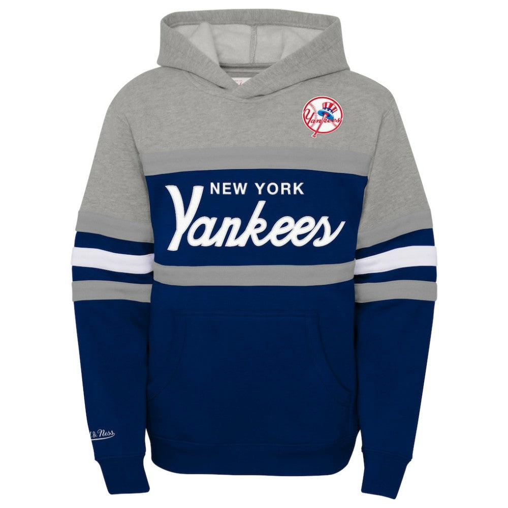 New York Yankees Mitchell & Ness Youth Cooperstown Collection Head Coach Pullover Hoodie - Heather Gray/Navy - Mitchell & Ness Lifestyle
