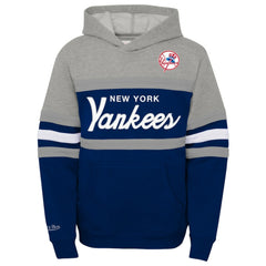 New York Yankees Mitchell & Ness Youth Cooperstown Collection Head Coach Pullover Hoodie - Heather Gray/Navy - Mitchell & Ness Lifestyle