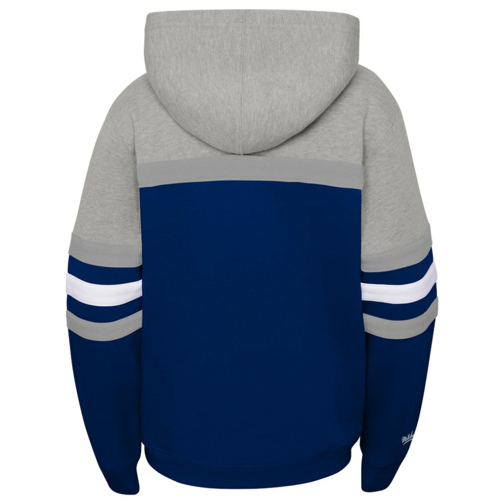 New York Yankees Mitchell & Ness Youth Cooperstown Collection Head Coach Pullover Hoodie - Heather Gray/Navy - Mitchell & Ness Lifestyle