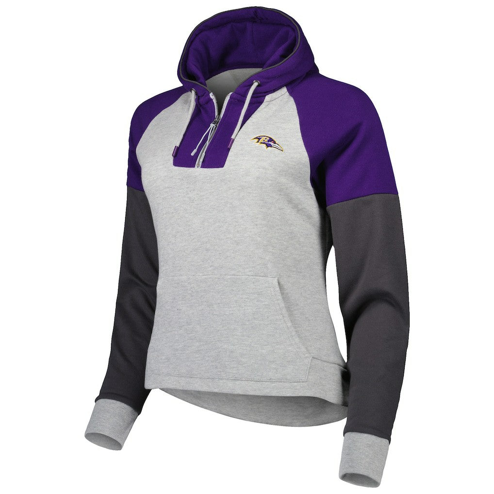 Baltimore Ravens Antigua Women's Lightweight Jackpot Raglan Half-Zip Pullover Hoodie Heather Gray