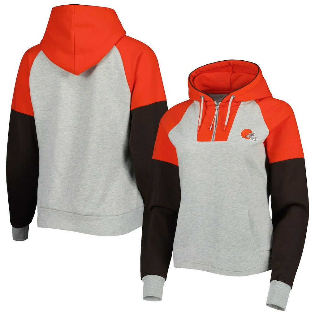 Cleveland Browns Antigua Women's Lightweight Jackpot Raglan Half-Zip Pullover Hoodie Heather Gray