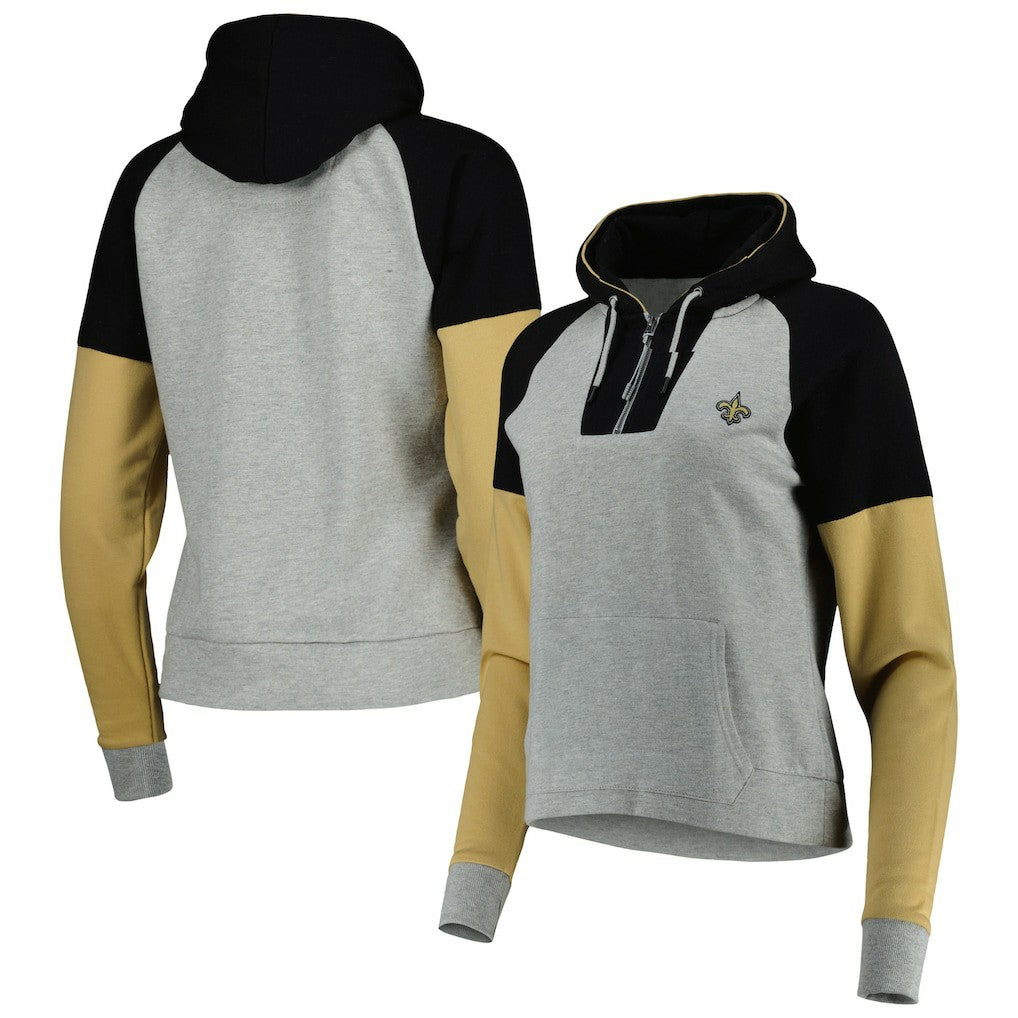 New Orleans Saints Antigua Women's Lightweight Jackpot Raglan Half-Zip Pullover Hoodie Heather Gray