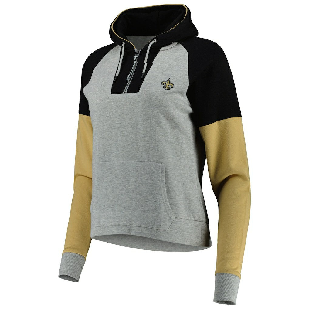 New Orleans Saints Antigua Women's Lightweight Jackpot Raglan Half-Zip Pullover Hoodie Heather Gray