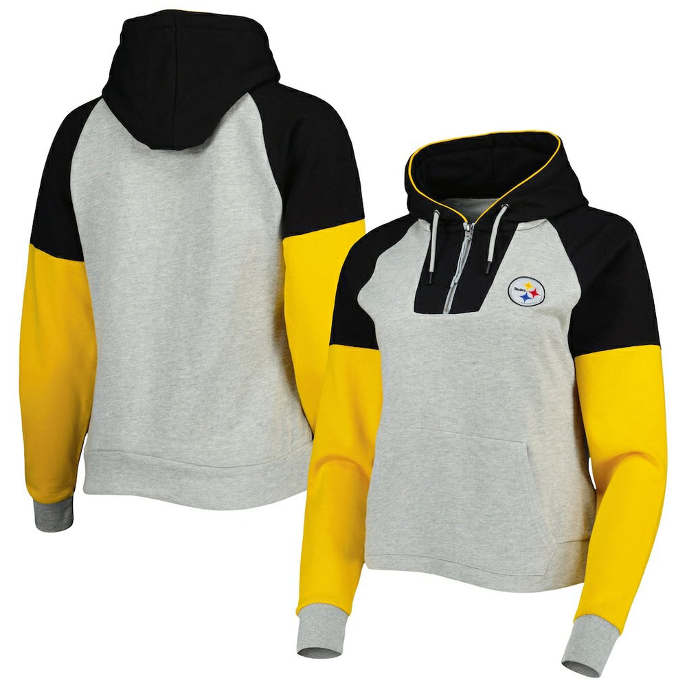 Pittsburgh Steelers Antigua Women's Lightweight Jackpot Raglan Half-Zip Pullover Hoodie Heather Gray