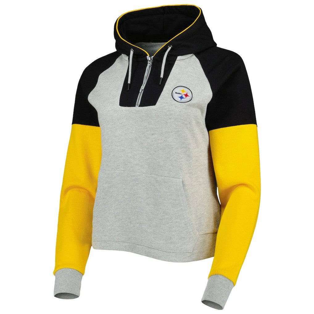 Pittsburgh Steelers Antigua Women's Lightweight Jackpot Raglan Half-Zip Pullover Hoodie Heather Gray