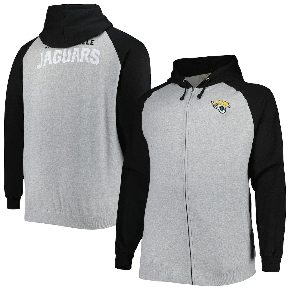 Jacksonville Jaguars Big & Tall Fleece Raglan Full-Zip Hoodie Jacket Heather Gray