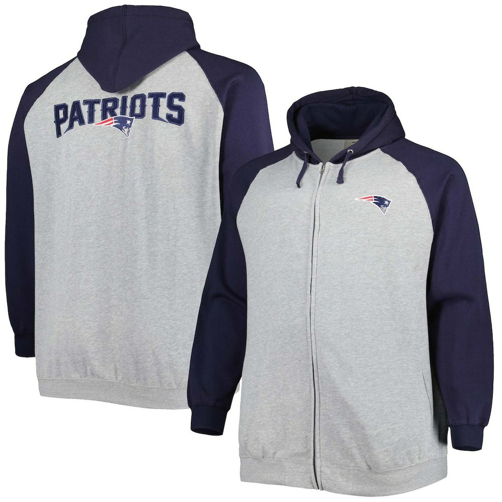 New England Patriots Big & Tall Fleece Raglan Full-Zip Hoodie Jacket Heather Gray