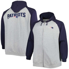 New England Patriots Big & Tall Fleece Raglan Full-Zip Hoodie Jacket Heather Gray