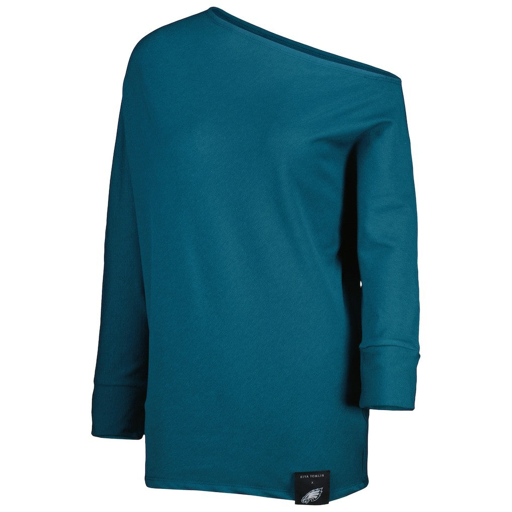 Philadelphia Eagles KIYA TOMLIN Women's Twisted Tri-Blend Asymmetrical 3/4-Dolman Sleeve Sweatshirt Midnight Green