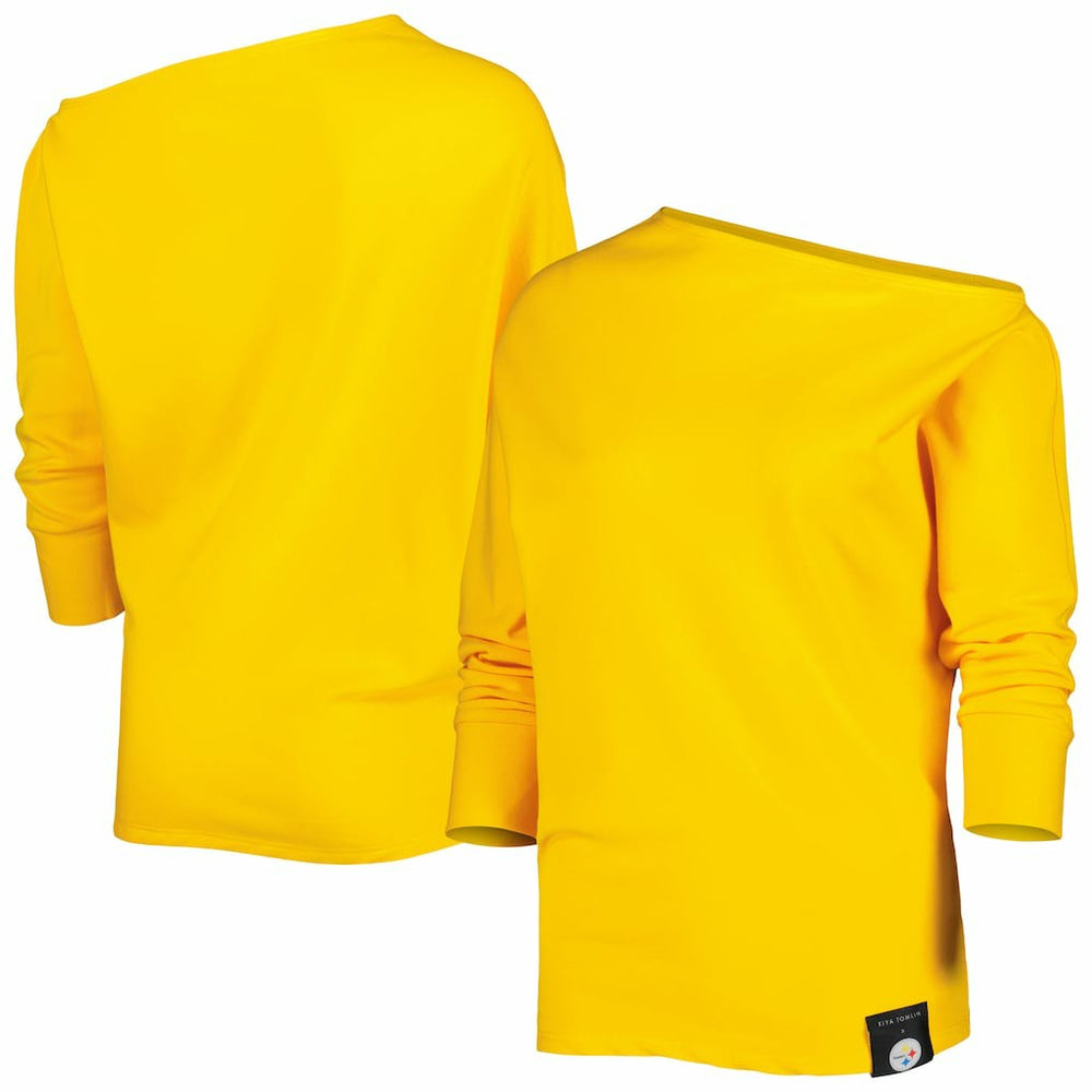 Pittsburgh Steelers KIYA TOMLIN Women's Twisted Tri-Blend Asymmetrical 3/4-Dolman Sleeve Sweatshirt Gold