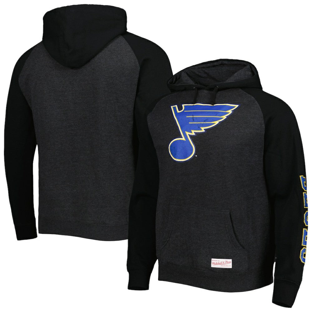 St. Louis Blues Mitchell & Ness Distressed Logo Raglan Pullover Hoodie - Heather Black - NHL 4980644