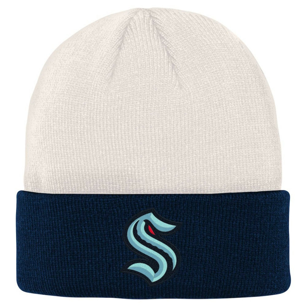 Seattle Kraken Youth Logo Cuffed Knit Hat - Cream/Deep Sea Blue - NHL 4981365
