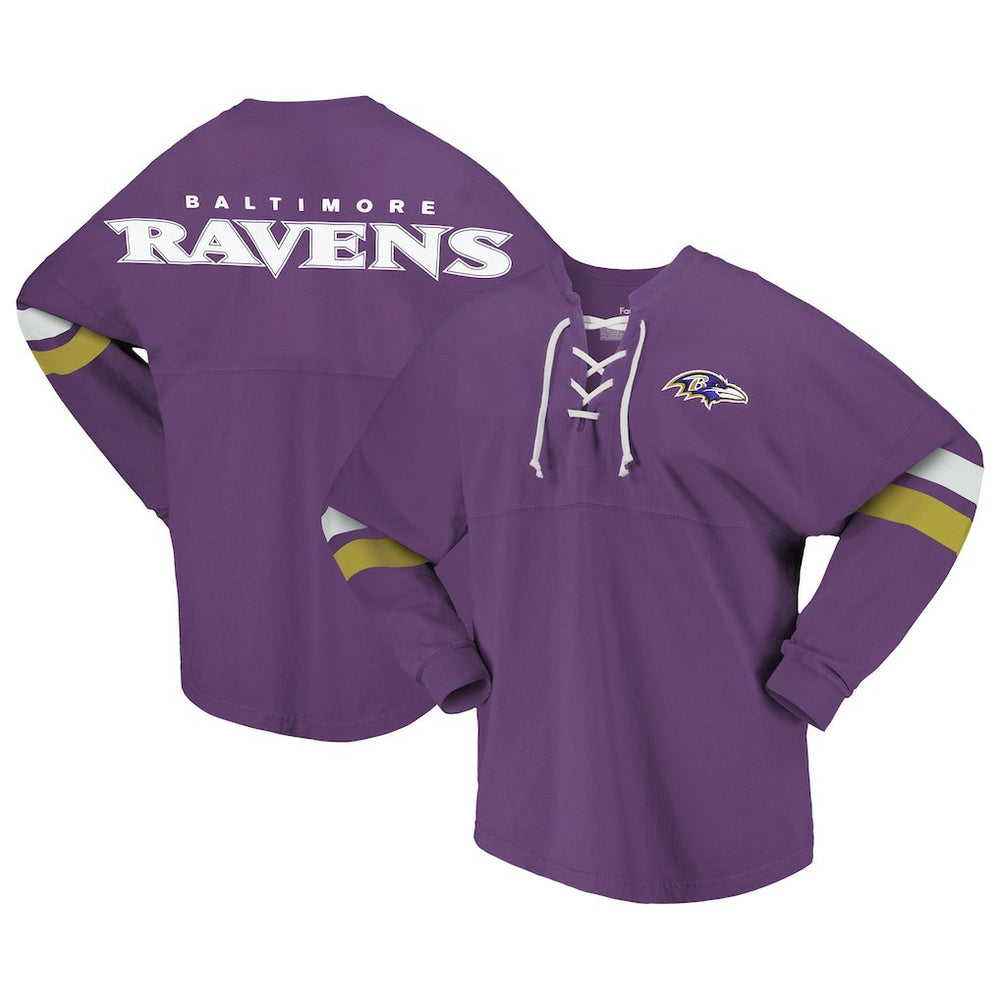 Fanatics Baltimore Ravens Women's Spirit Jersey Lace-Up V-Neck Long Sleeve T-Shirt Purple
