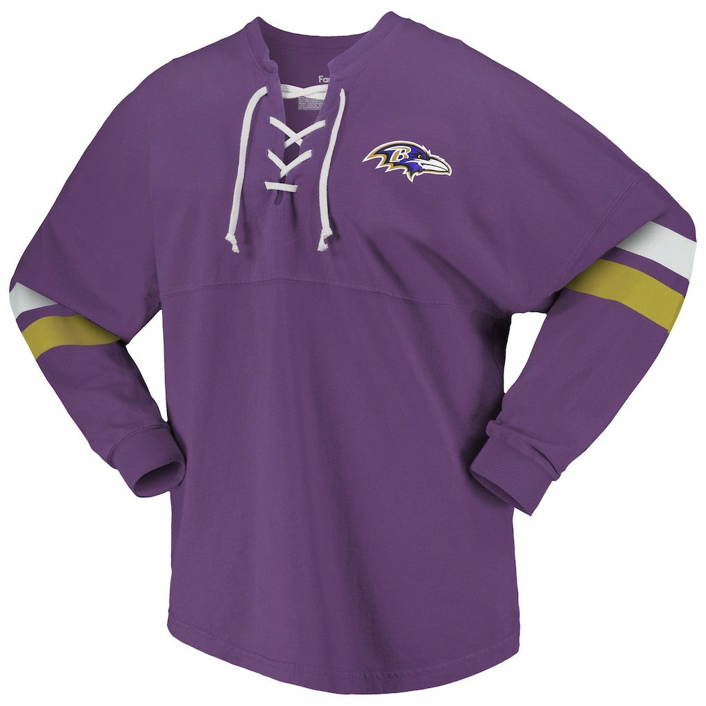 Fanatics Baltimore Ravens Women's Spirit Jersey Lace-Up V-Neck Long Sleeve T-Shirt Purple
