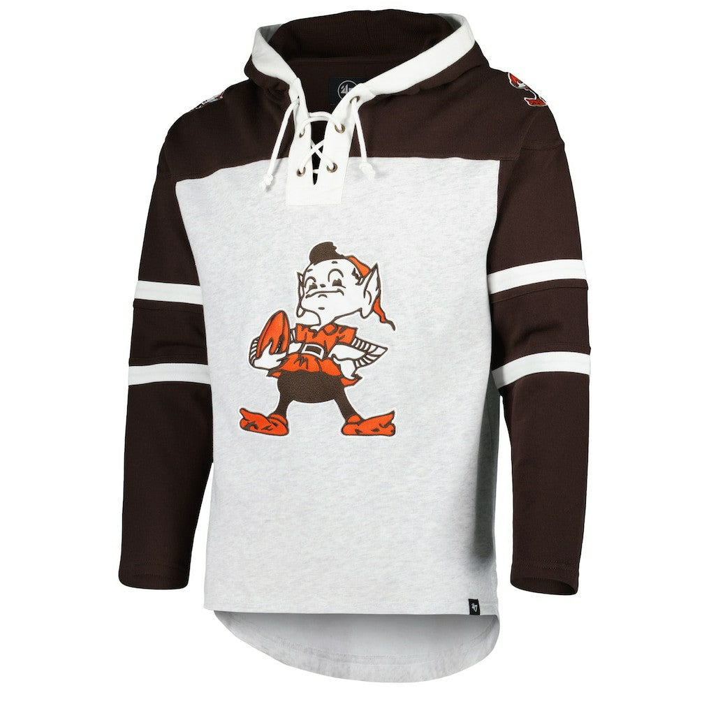 47 brand Cleveland Browns '47 Brownie The Elf Historic Logo Gridiron Lace-Up Pullover Hoodie Heather Gray