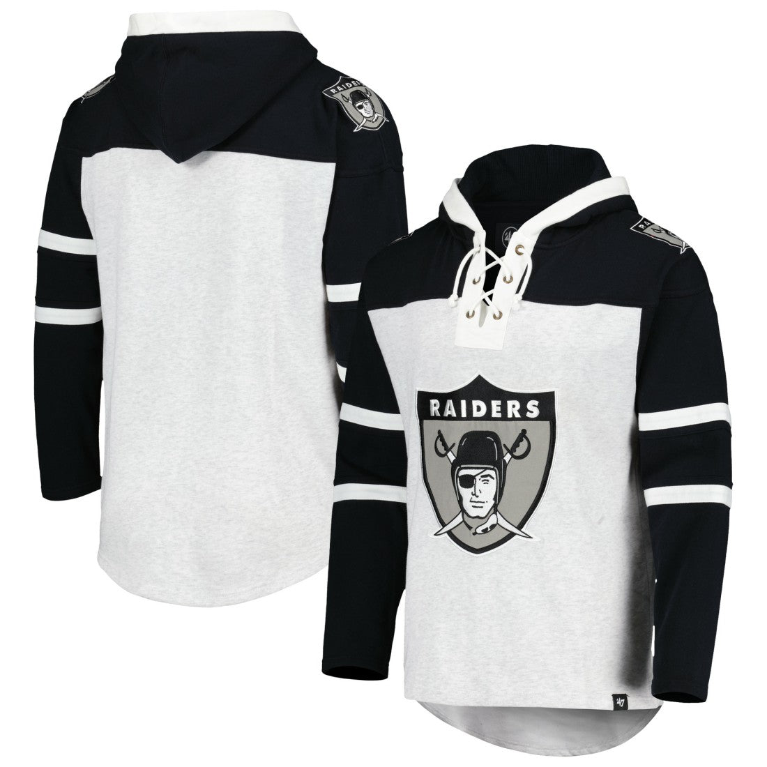 47 brand Las Vegas Raiders '47 Historic Logo Gridiron Lace-Up Pullover Hoodie Heather Gray