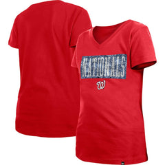 Washington Nationals New Era Girls Youth Flip Sequin Team V-Neck T-Shirt - Red - New Era Lifestyle
