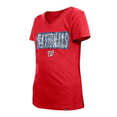 Washington Nationals New Era Girls Youth Flip Sequin Team V-Neck T-Shirt - Red - New Era Lifestyle