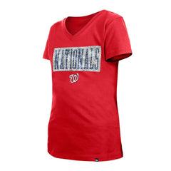 Washington Nationals New Era Girls Youth Flip Sequin Team V-Neck T-Shirt - Red - New Era Lifestyle