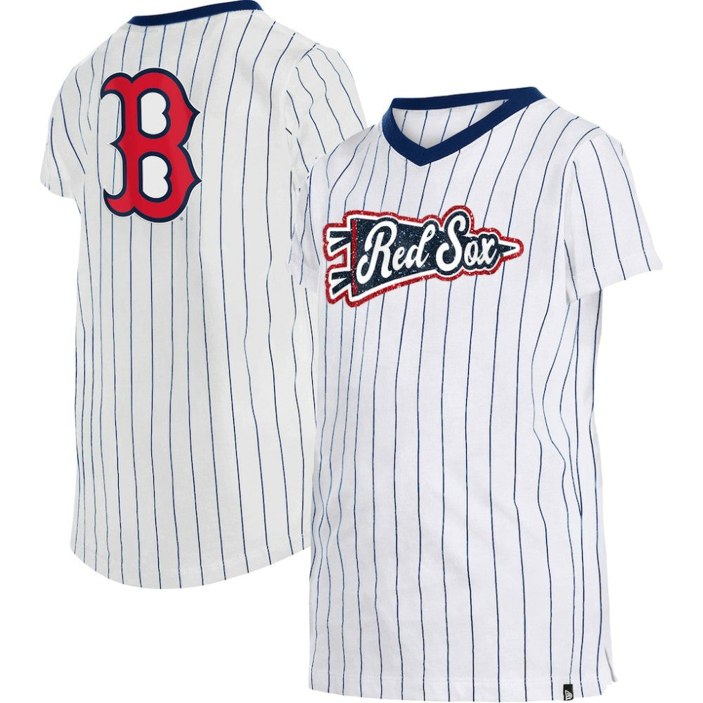 Boston Red Sox New Era Girls Youth Pinstripe V-Neck T-Shirt - White - New Era Online