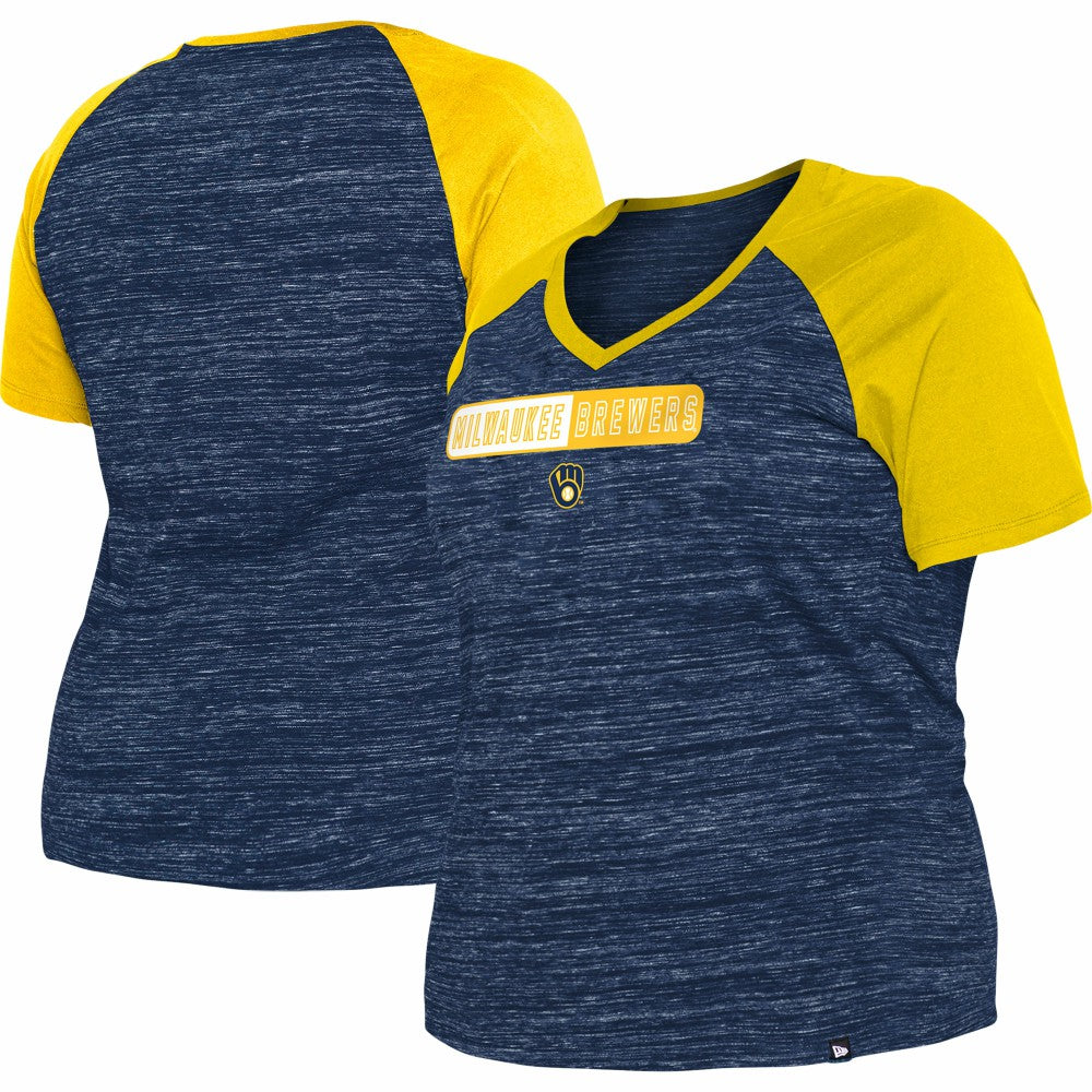 Milwaukee Brewers New Era Women's Plus Size Space Dye Raglan V-Neck T-Shirt - Navy - New Era Online
