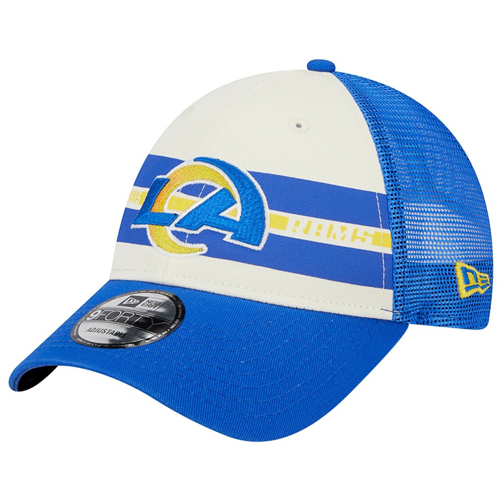 Los Angeles Rams New Era Team Stripe Trucker 9FORTY Snapback Hat Cream/Royal