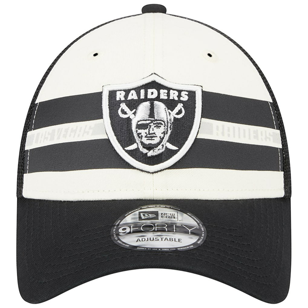 Las Vegas Raiders New Era Team Stripe Trucker 9FORTY Snapback Hat Cream/Black