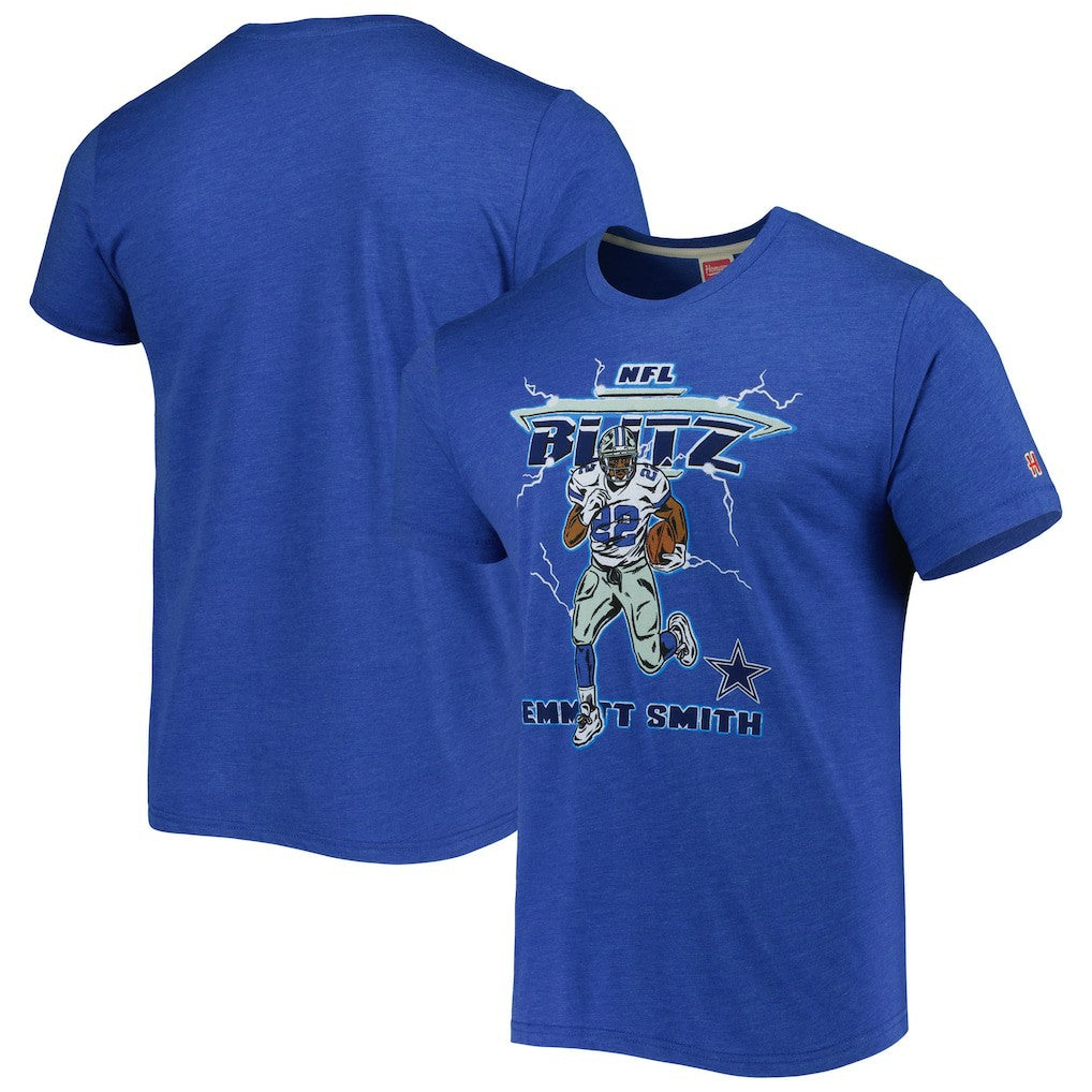 Emmitt Smith Dallas Cowboys Homage Unisex NFL Blitz Retired Player Tri-Blend T-Shirt Heathered Heather Royal