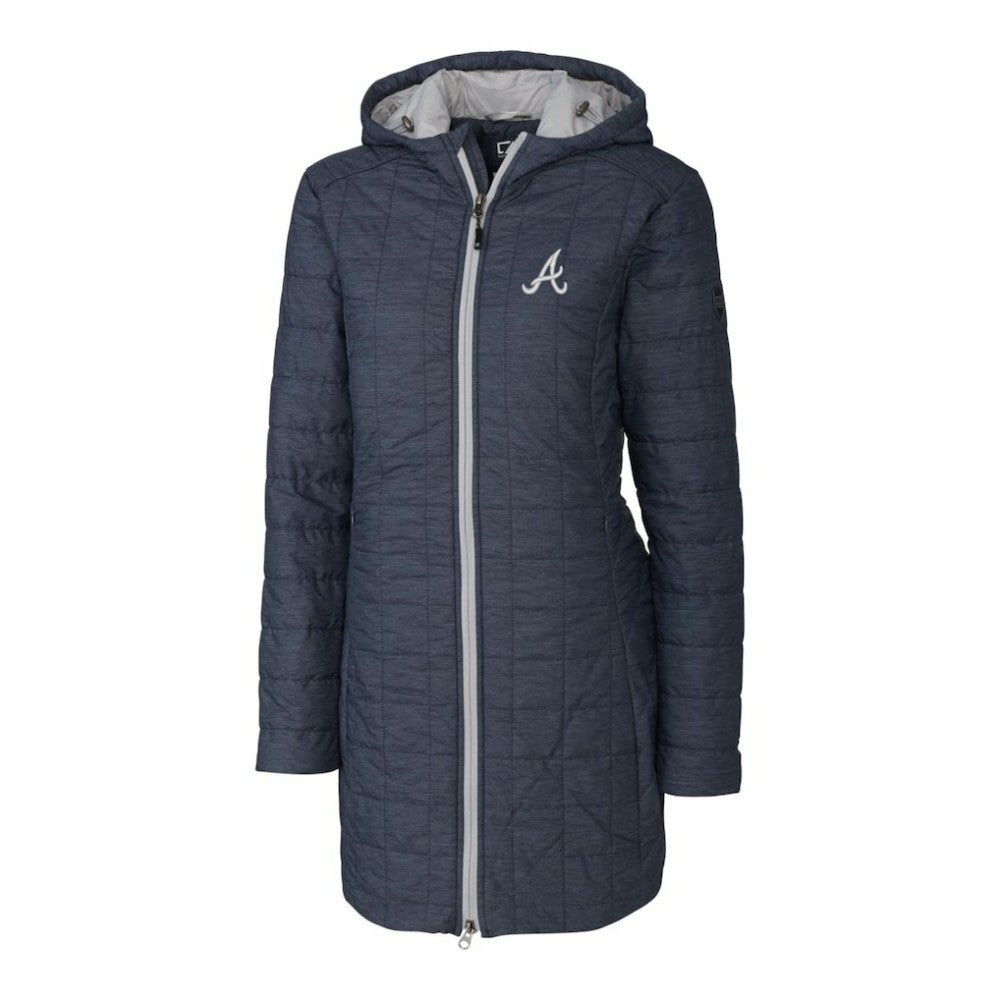 Atlanta Braves Cutter & Buck Women's Rainier Primaloft Eco Full-Zip Hoodie Long Coat - Heathered Navy - MLB Lifestyle