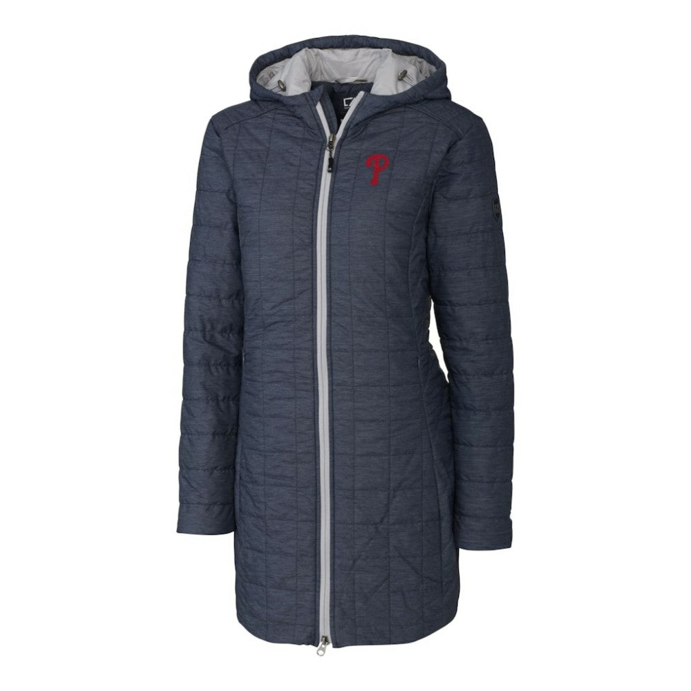 Philadelphia Phillies Cutter & Buck Women's Rainier Primaloft Eco Full-Zip Hoodie Long Coat - Heathered Navy - MLB Online