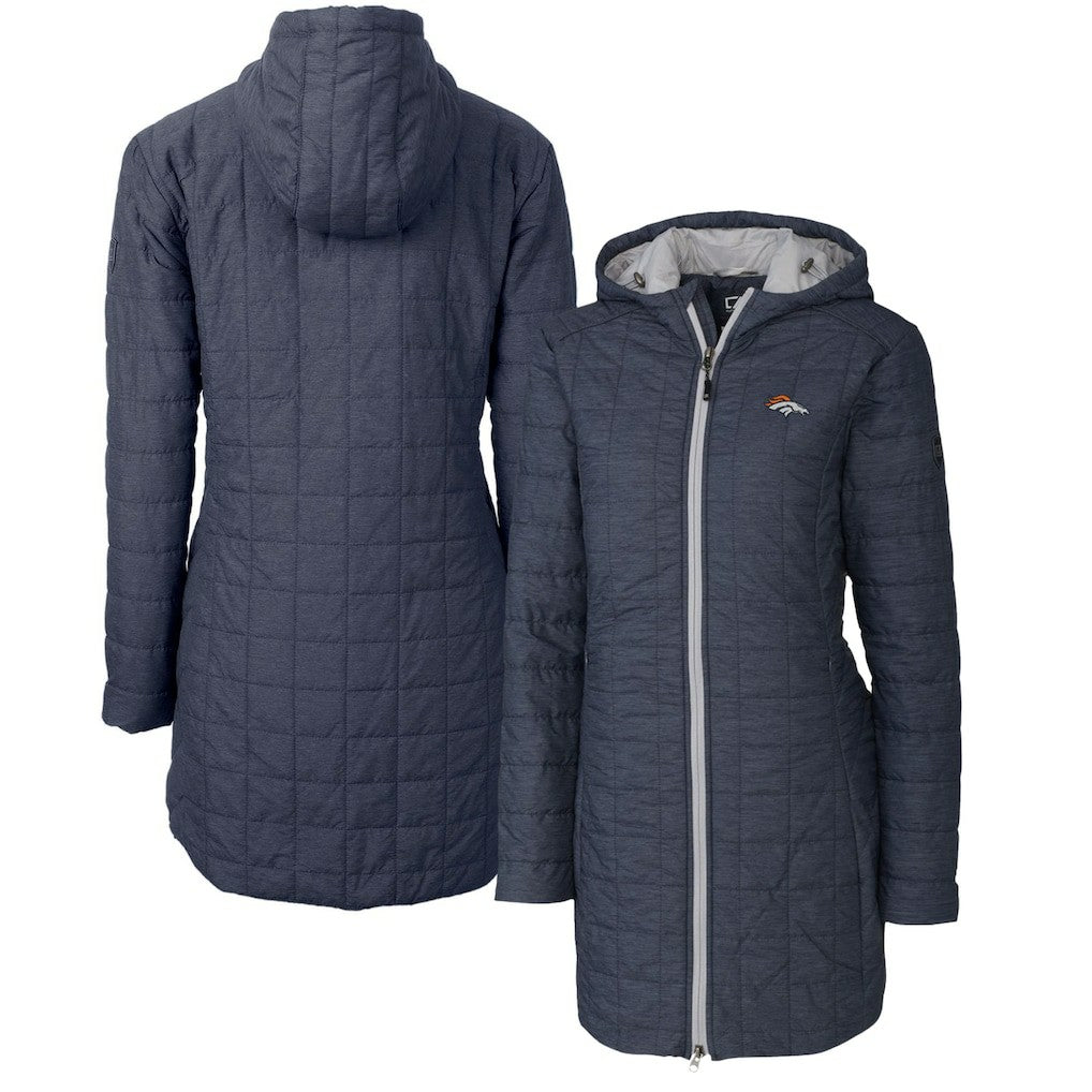 Denver Broncos Cutter & Buck Women's Rainier Primaloft Eco Hooded Long Lightweight Coat Heather Navy
