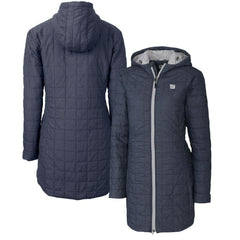 New York Giants Cutter & Buck Women's Rainier Primaloft Eco Hooded Long Lightweight Coat Heather Navy