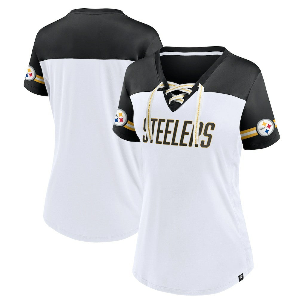 Fanatics Pittsburgh Steelers Women's Dueling Slant V-Neck Lace-Up T-Shirt White
