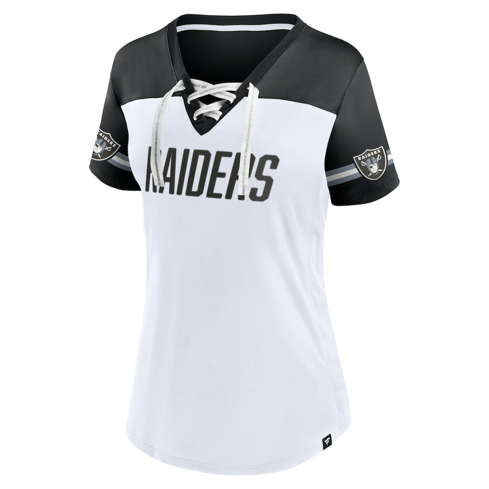 Fanatics Las Vegas Raiders Women's Dueling Slant V-Neck Lace-Up T-Shirt White