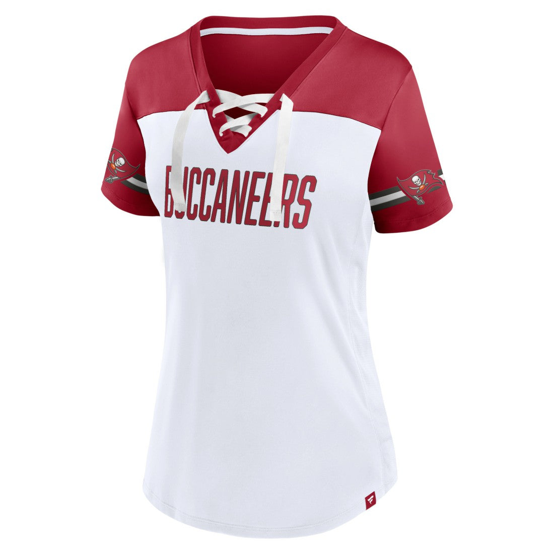 Fanatics Tampa Bay Buccaneers Women's Dueling Slant V-Neck Lace-Up T-Shirt White