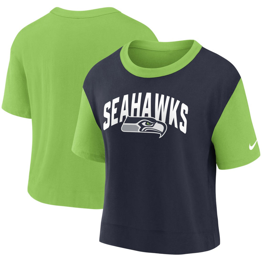 Nike Seattle Seahawks Women's High Hip Fashion T-Shirt Neon Green/College Navy