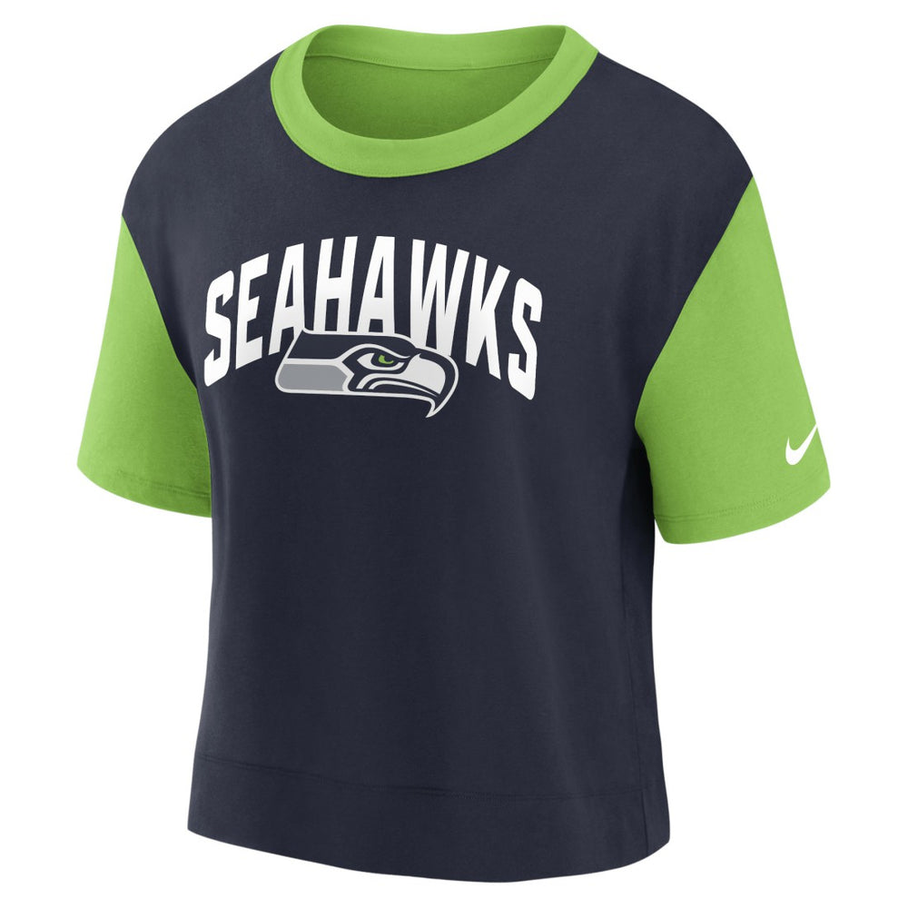 Nike Seattle Seahawks Women's High Hip Fashion T-Shirt Neon Green/College Navy