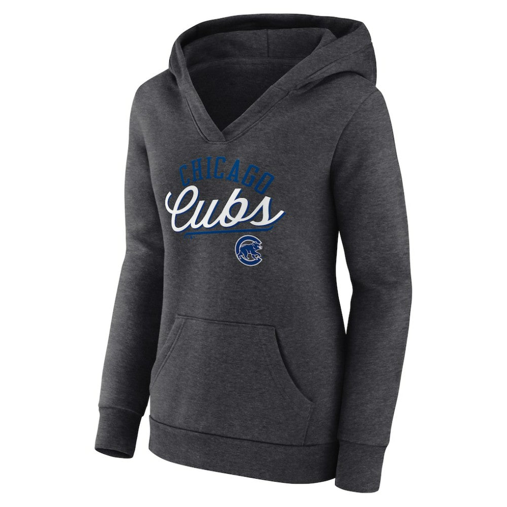 Chicago Cubs Fanatics Women's Simplicity Crossover V-Neck Pullover Hoodie - Heather Charcoal - Fanatics Sale