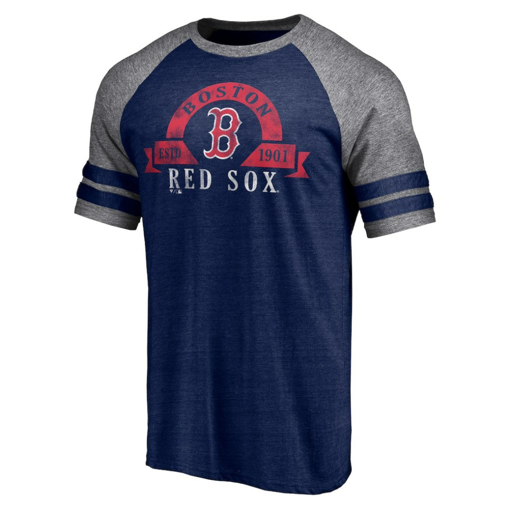 Boston Red Sox Fanatics Utility Two-Stripe Raglan Tri-Blend T-Shirt - Heather Navy - Fanatics Lifestyle