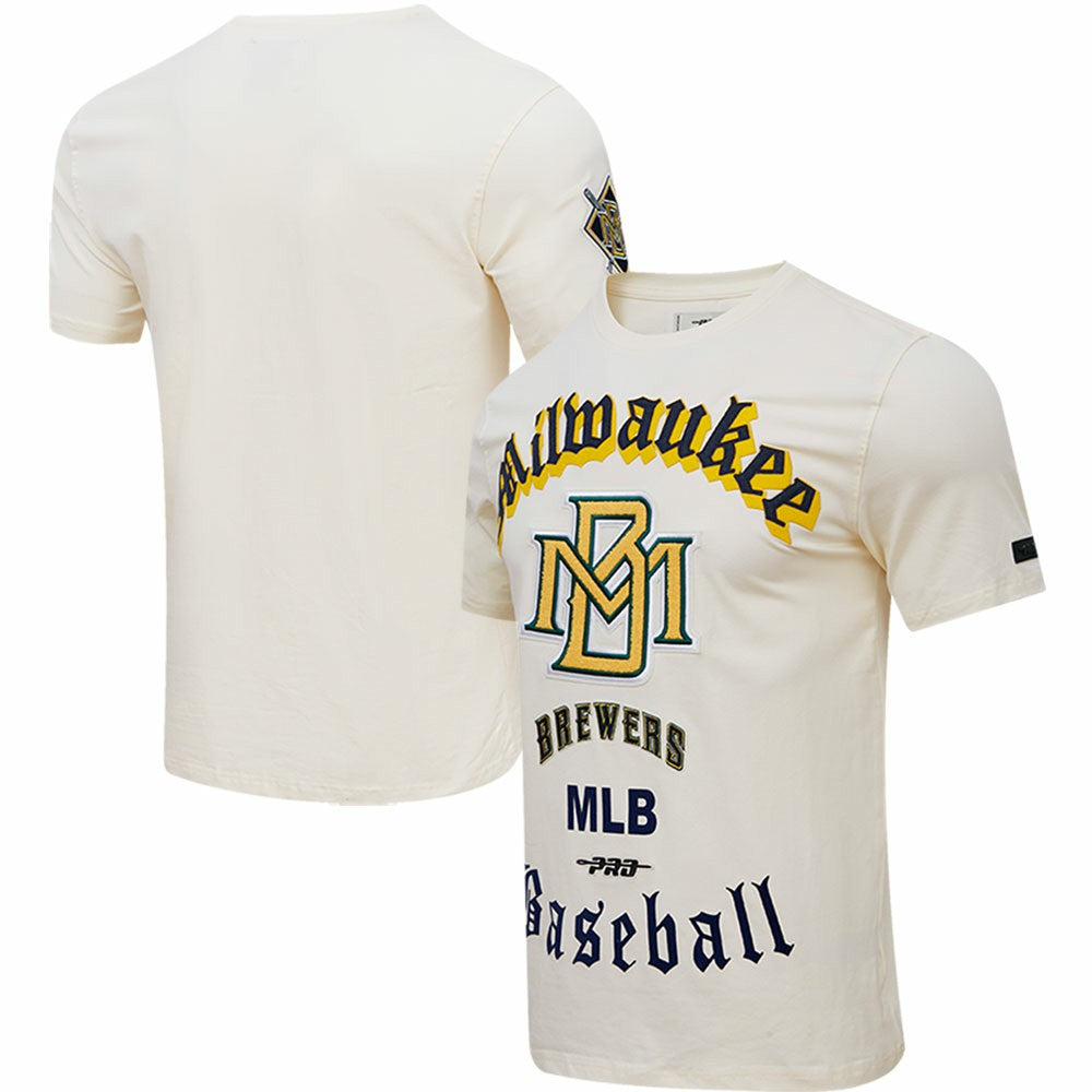 Milwaukee Brewers Pro Standard Cooperstown Collection Old English T-Shirt - Cream - MLB Discount