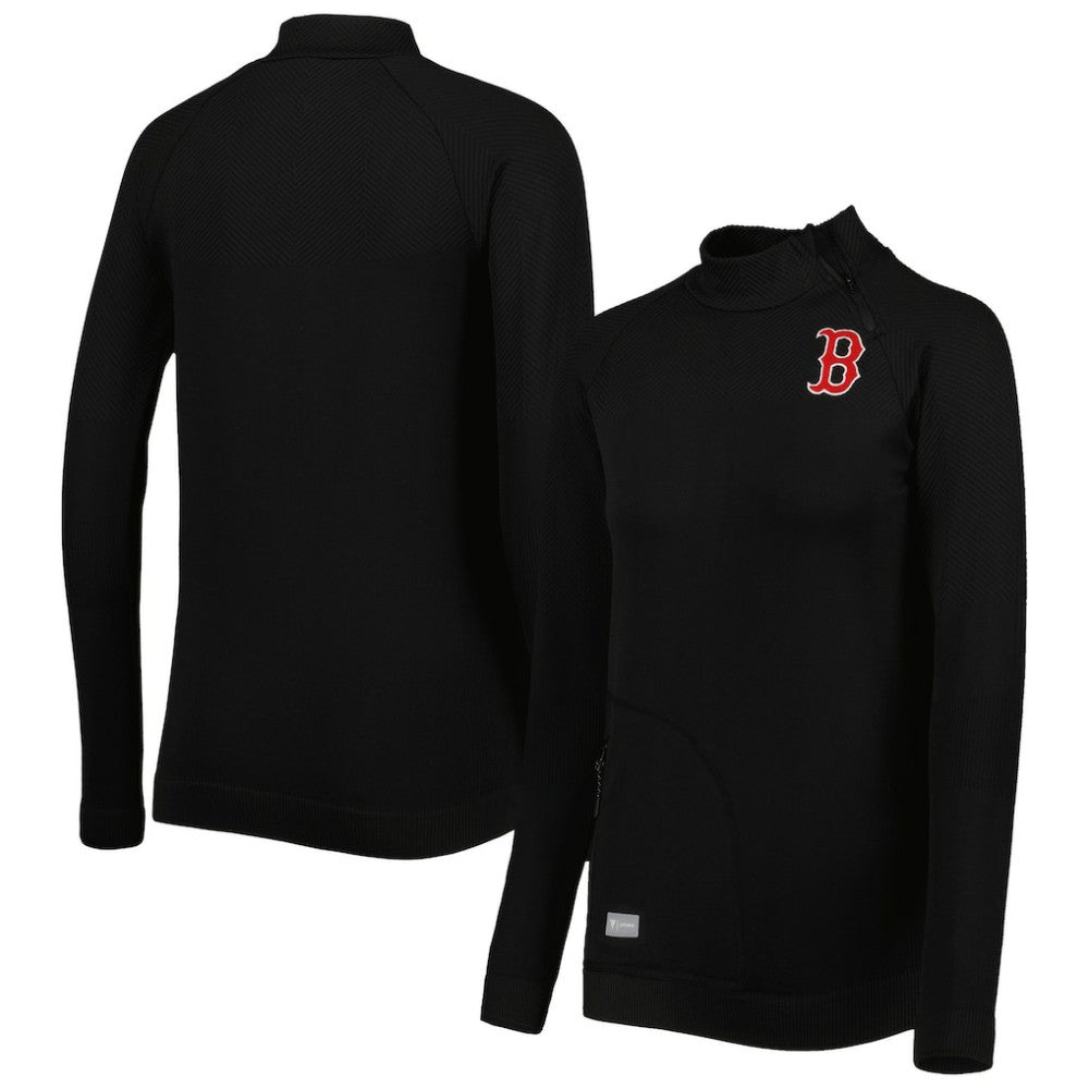 Boston Red Sox Levelwear Women's Verse Asymmetrical Raglan Tri-Blend Quarter-Zip Jacket - Black - MLB Lifestyle