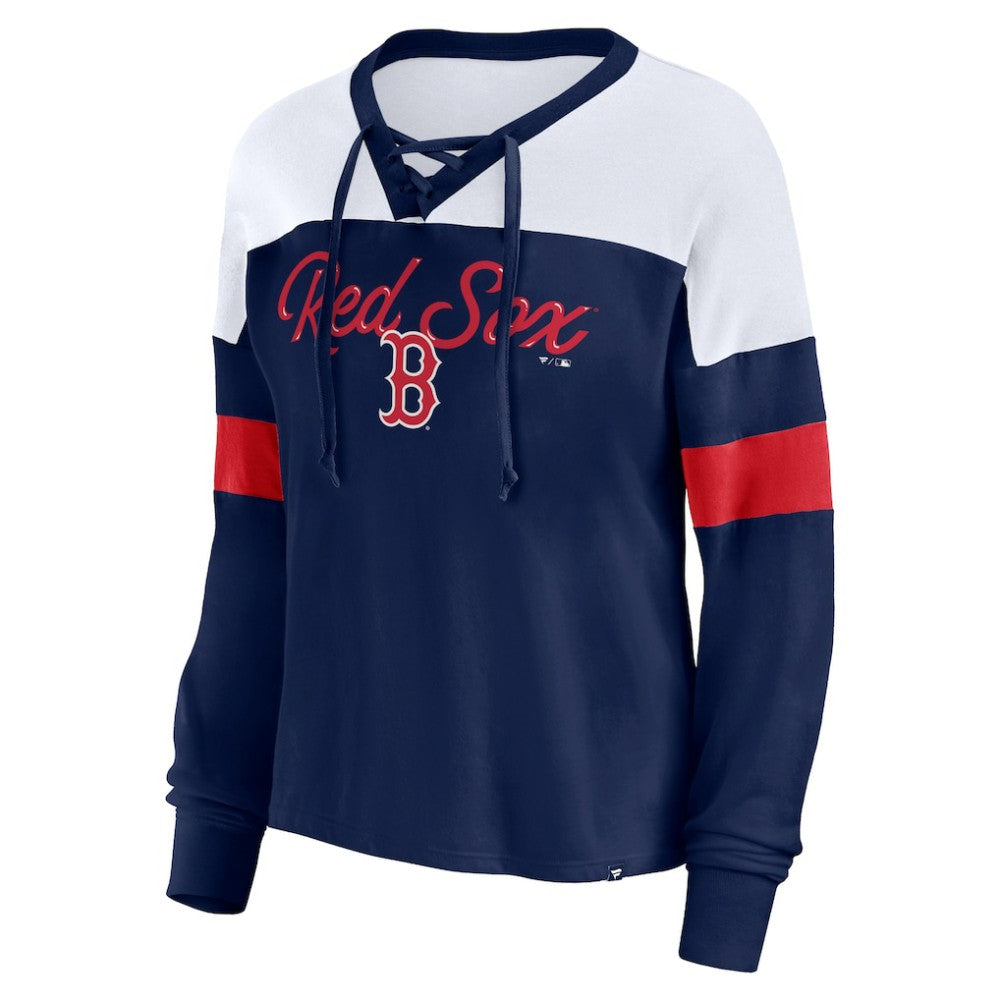 Boston Red Sox Fanatics Women's Even Match Lace-Up Long Sleeve V-Neck T-Shirt - Navy/White - Fanatics Online